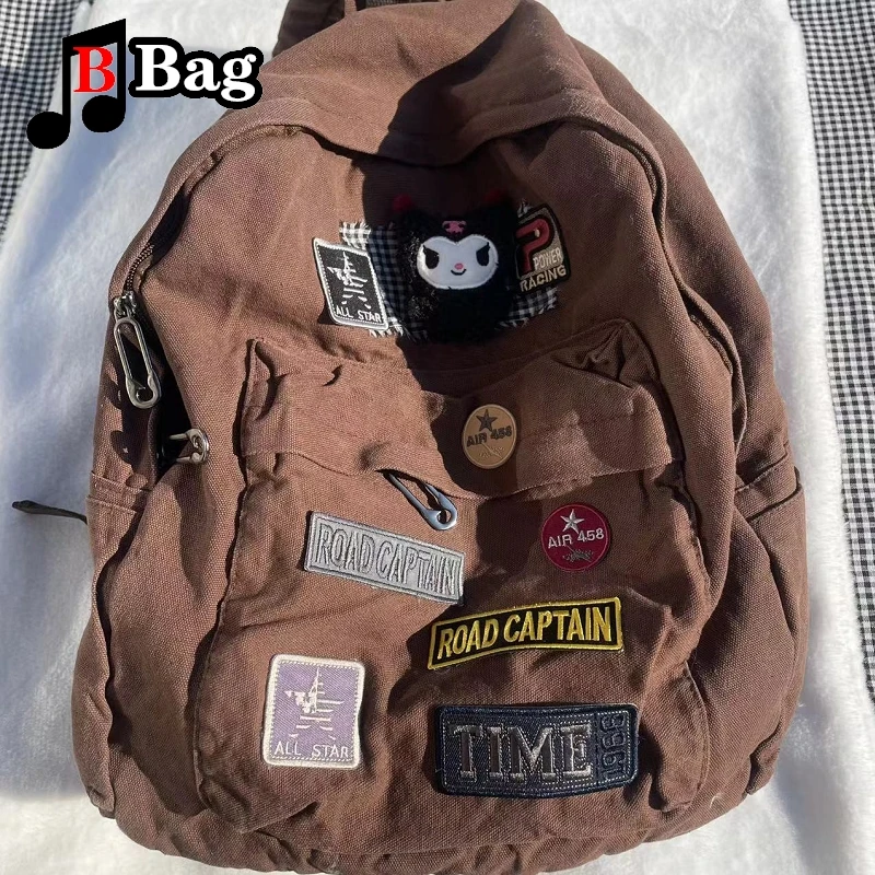Brown Canvas new Backpack Women Gothic Punk 2025 Spicy Girl Vintage Bag Large Capacity Commuting Tote