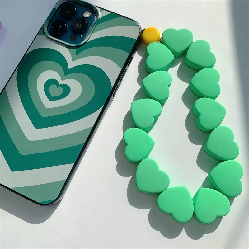 Resin Love Heart Beaded Mobile Phone Anti-lost Lanyard Women's Cellphone Chain Charm Telephone Phone Wrist Strap Pendant Decora