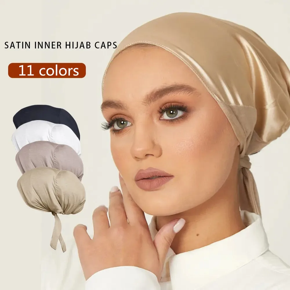 Satin Lined Silk Inner Hijab Caps Muslim Women Jersey Elastic 2025 Tie Back Underscarf Modal Stretch Turban new Bonnet Headwrap Turbante