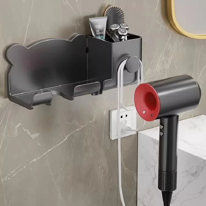 Adhesive Wall Mounted Hair Dryer Rack Toiletry Organizer No-Drilling Plastic Bathroom Shelf Hanging Hairdryer Holder