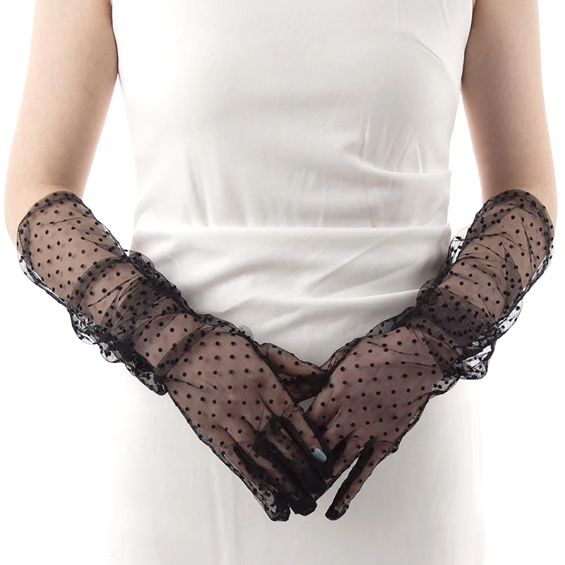Summer Women Black White Dot Lace Long Tulle Gloves Stretchy Full Finger Transparent Sexy Mittens new Mesh 2025 Bride Wedding Gloves