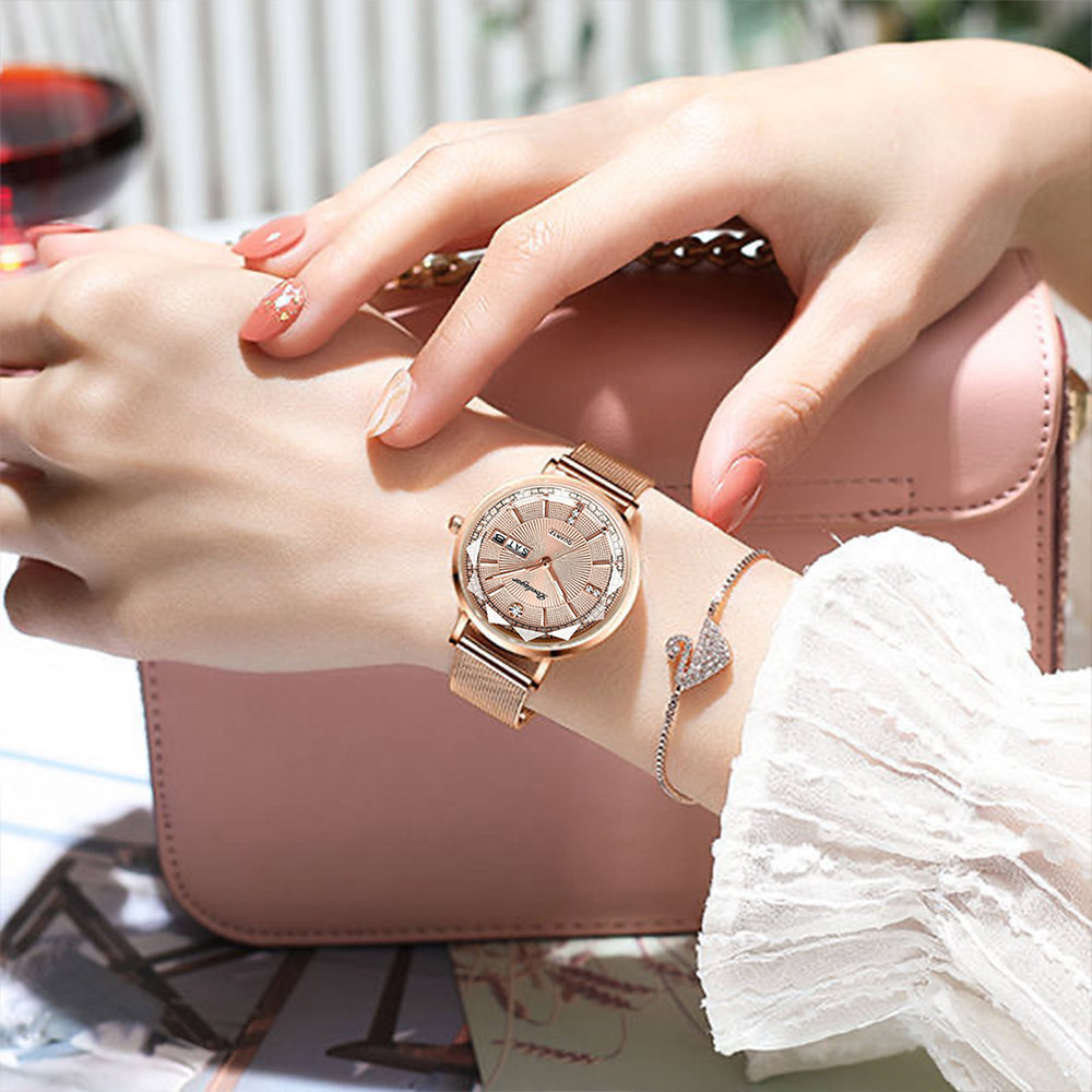 Relojes de cuarzo de lujo para mujer, pulsera informal de malla luminosa, resistente al agua, de acero inoxidable, novedad de 2024