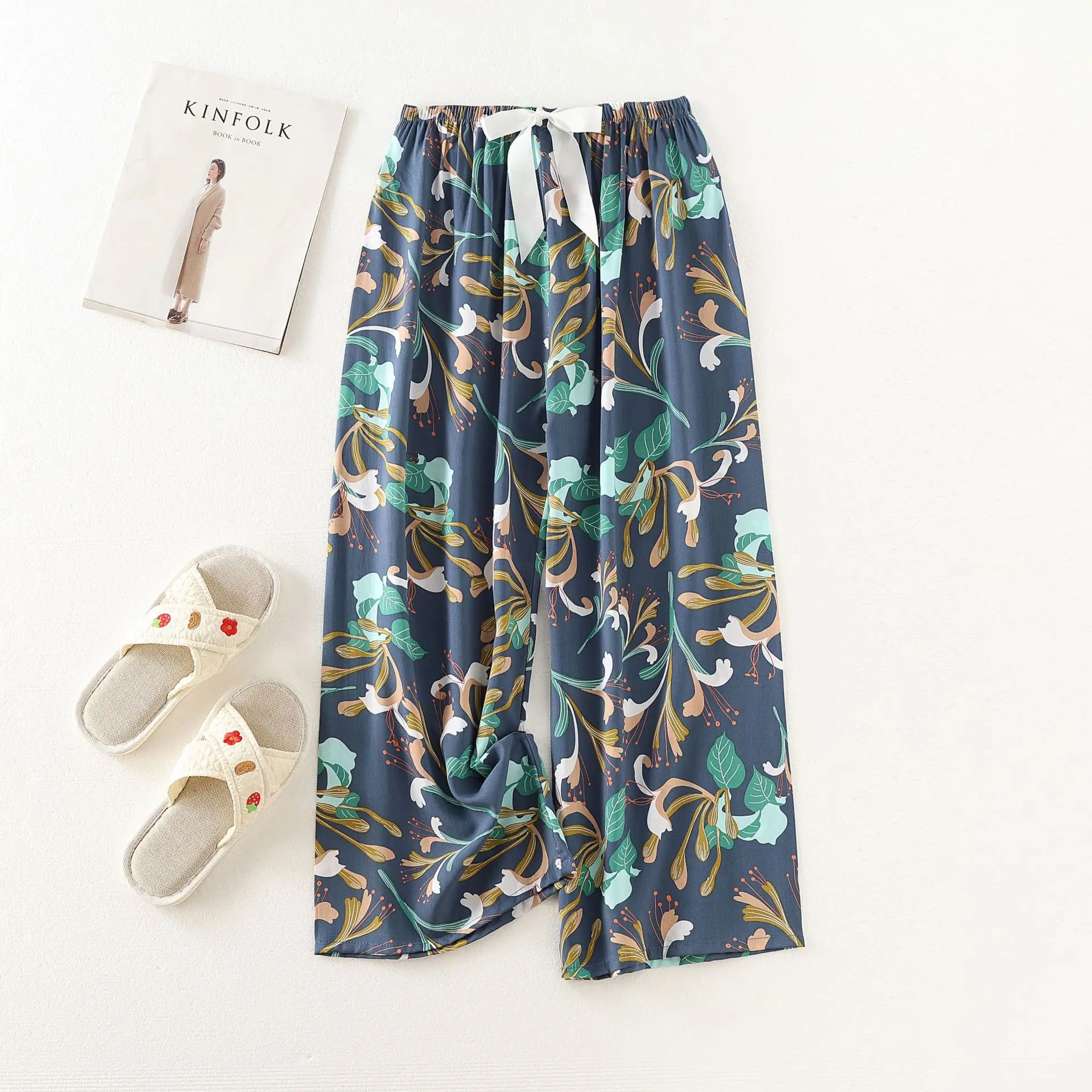 new 2024 Women's Clothes Viscose Korean Casual 2025 Cropped Pants Floral Wide Leg Trousers Home Pants Sports Wear Girls Clothes Sleepwear
