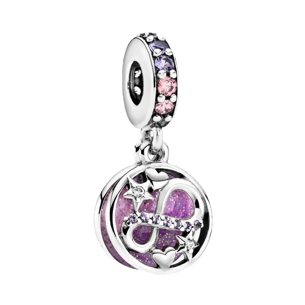 New 925 Sterling Silver Purple Bead Flower Dangle Charm Fit Original Pandora Brand Bracelet And Necklace 925 Jewelry Gift making