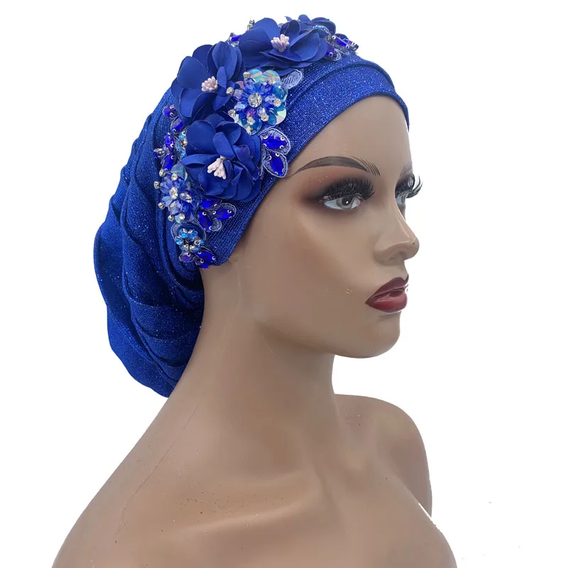 2023 Women's Head Wrap Nigeria Headpiece Lady Party Hat NEW Shiny Pleated Turban Cap with Diamond Bouquet African Headtie
