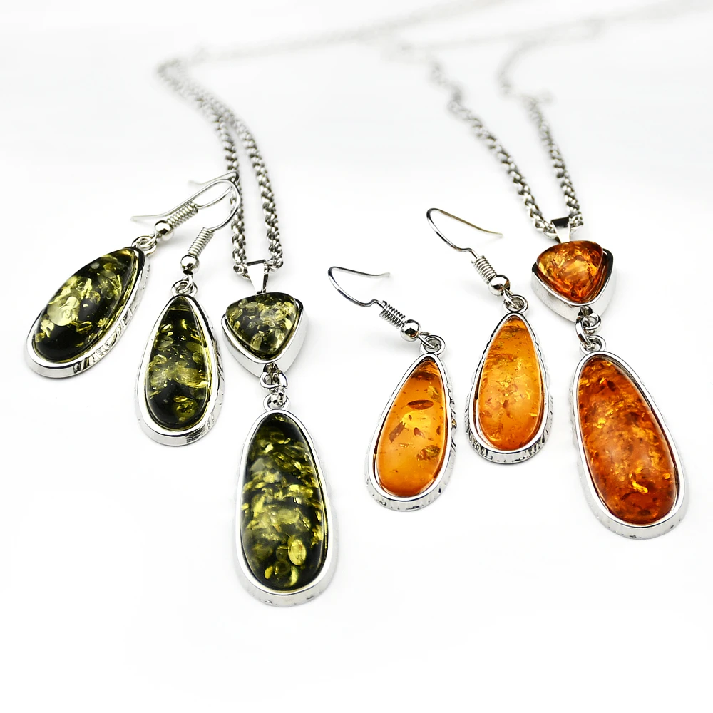 Yumfeel New Amber Pendant Necklace & Earrings Women Vintage Boho Vintage Jewelry Set