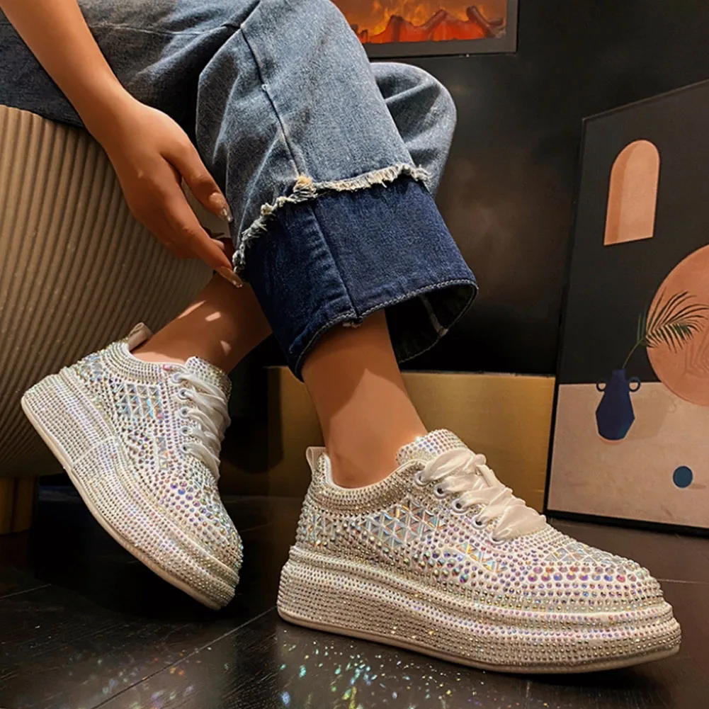 Women's Triangle Diamond Shiny Lace Up Outdoor Casual Sneakers, Breathable And Lightweight