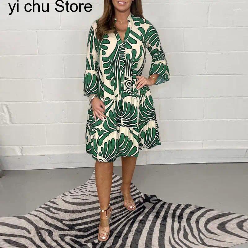 Casual Dresses Summer V Neck 3/4 Sleeve Print Party Dress Fashion Women Office Elegant Single Breasted Geometry Pattern
