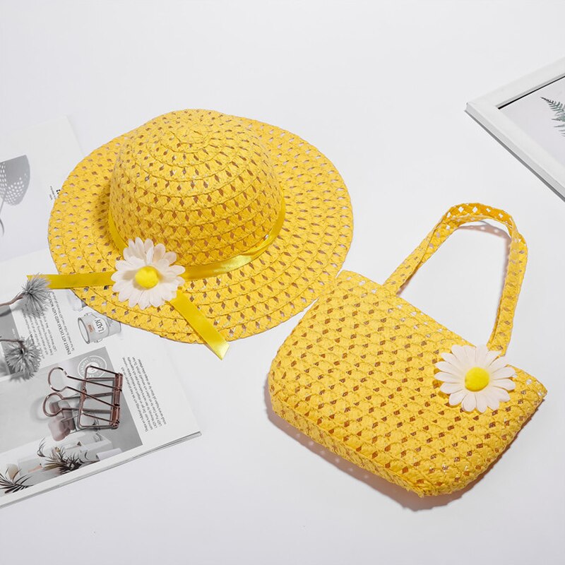 2 Pcs Set 2025 Girls Tea Party Straw Sun Hat and new Purse Sets Kids Child Birthdays Easter Party Daisy Flower Summer Beach