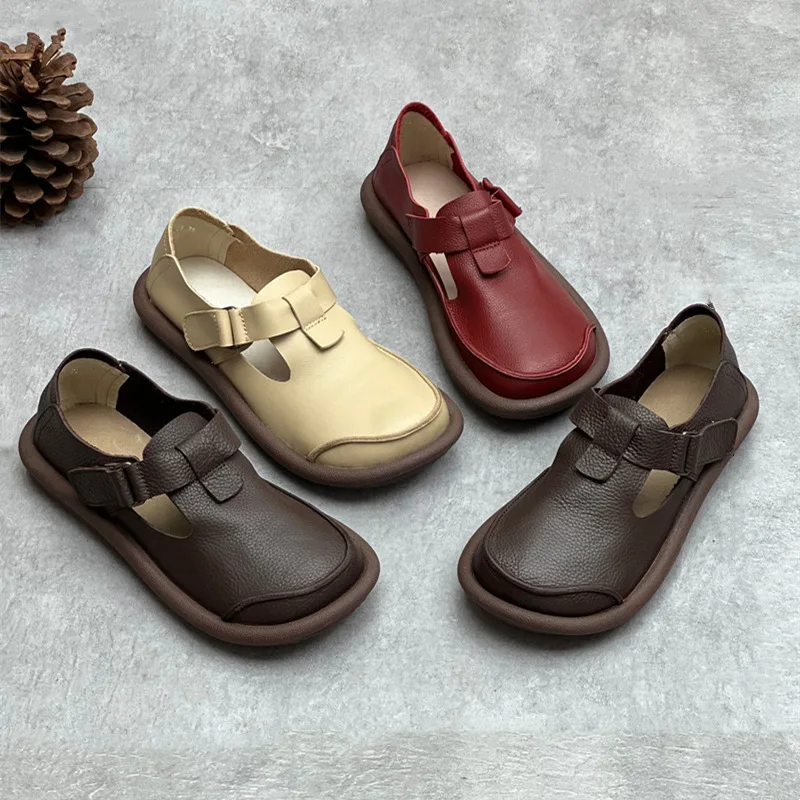 Retro cowhide 2025 flat women's shoes big head loafers real leather new shoes softMary Jane shoes