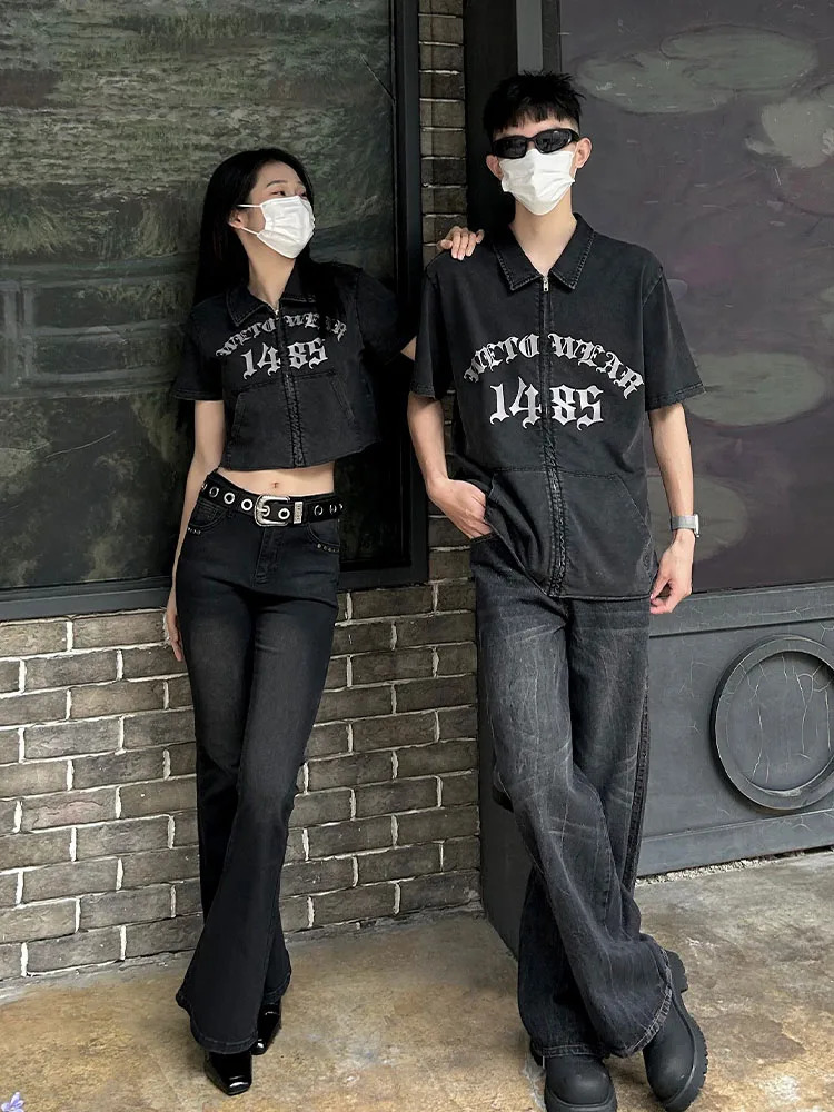 2024 Trendy Cool Style Gothic Letter Printing Zipper Thick Women Crop Top With Men Heavy Industry Shirts Tshirt 240521