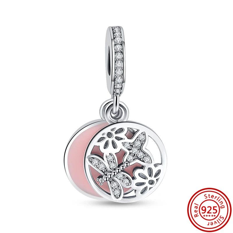 New Pink Love Mom Flowers Heart Shiny Beads 925 Silver Charm Fit Pandora 925 Original Bracelet &Necklace Fine DIY Making Jewelry