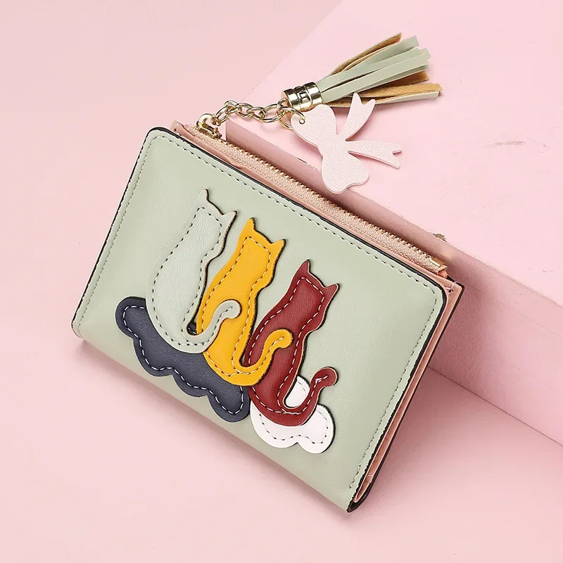Women's Small Wallet Animal Cover Cute Coin Purse Tassel Design Multi-Card Keychain Credit Card Holder Short Ladies Wallet