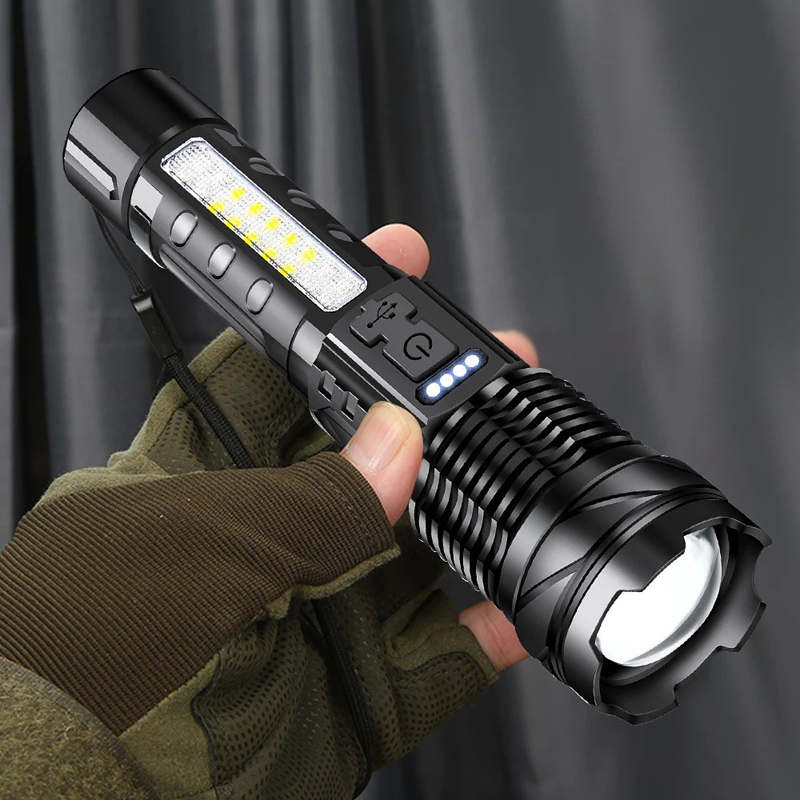 Rechargeable LED Flashlight Side Red Light Work Lamp Zoom Focus Torch With Power Display
