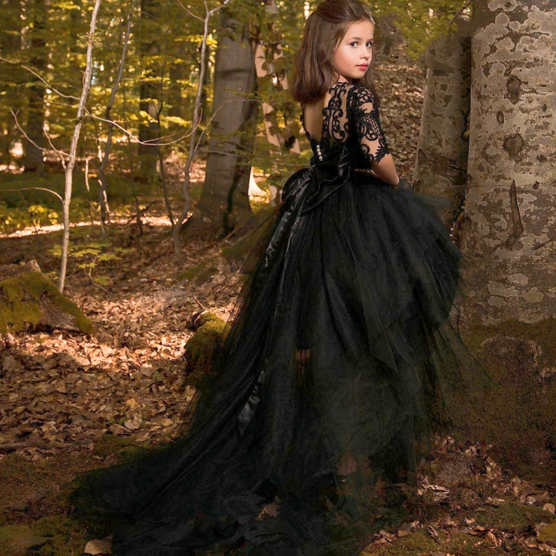 Black Long Sleeve Flower Girl Dresses For Wedding Crystal new Sash Beaded Lace Appliques Pageant Gowns For 2025 Girls Kids Gowns