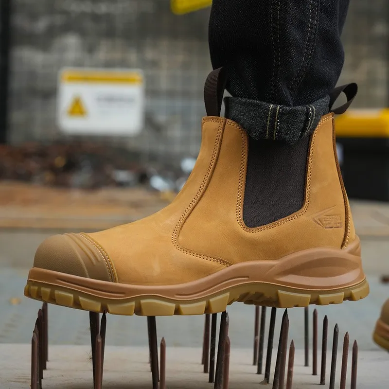Luxury High-top Cowhide Boots Men's Safety Shoes Lace Free Steel Toe Anti Impact And Anti Puncture Wear Resistant Work Shoes