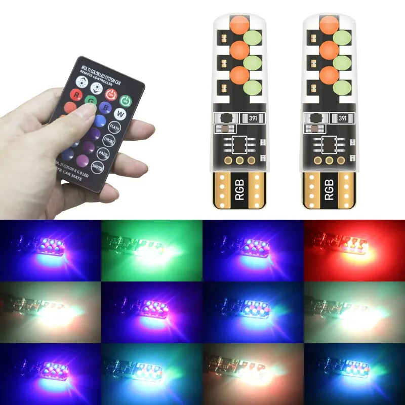 1set T10 W5w RGB LED Bulb Remote Control COB Lamp Car Interior new Lighting Reading 2025 Wedge Dome Trunk License Plate Light 12V