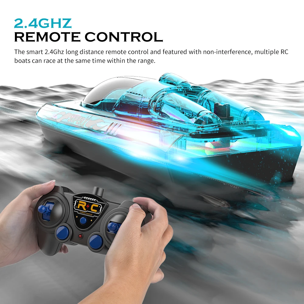 V555 Mini RC Boat with Cool LED Light Waterproof Model Electric Racing Speedboat 15km/h 2025 Toys new for Children Boys Use Time 60mins