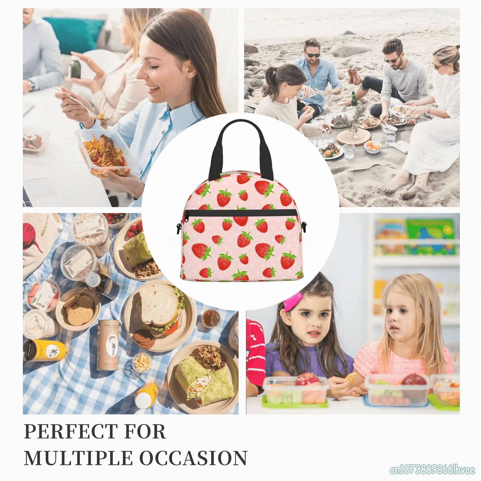 Strawberry Lunch Bag for Girls Women Insulated Lunch Box for School Work Picnic Cooler Tote Bag with Adjustable Shoulder Strap