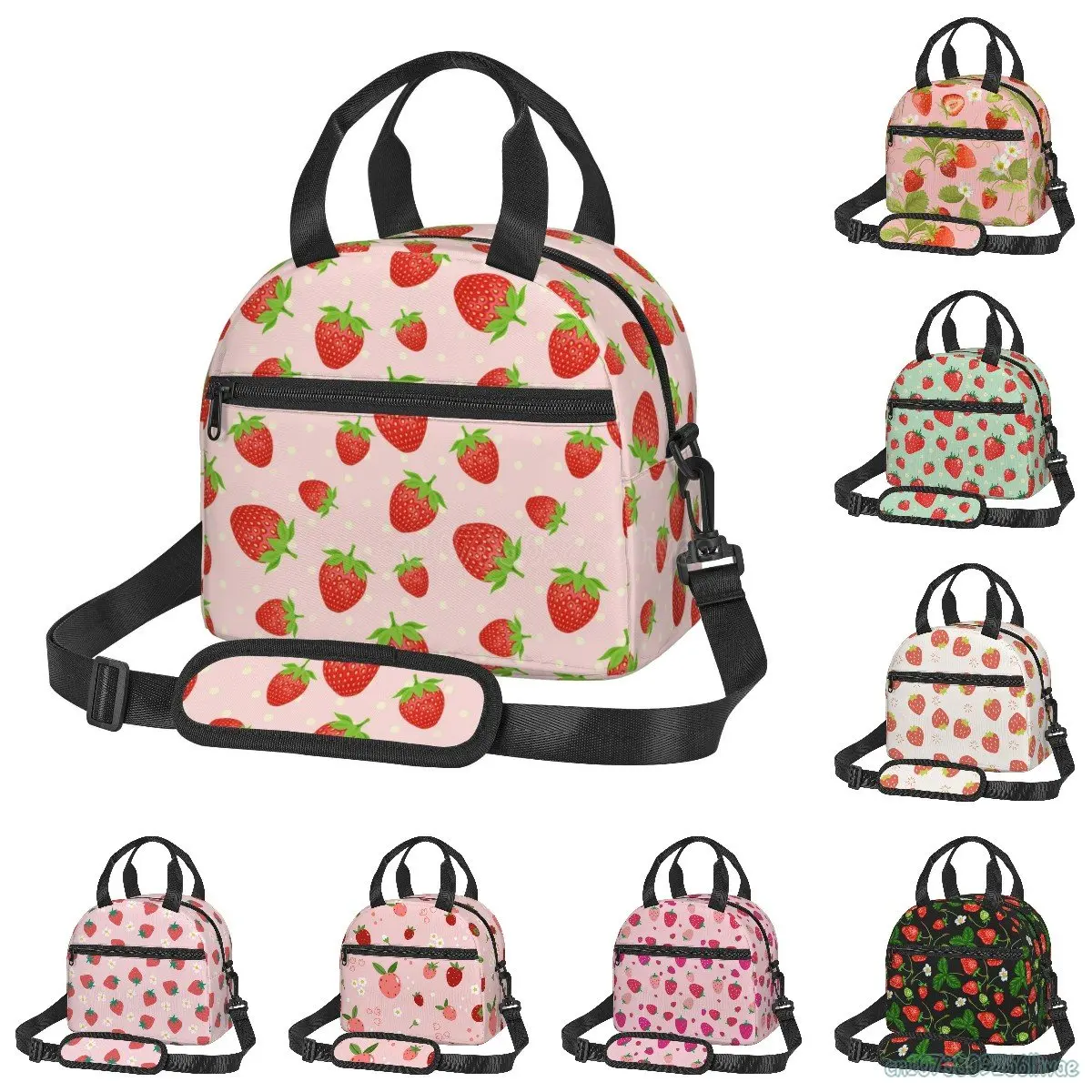 Strawberry Lunch Bag for Girls Women Insulated Lunch Box for School Work Picnic Cooler Tote Bag with Adjustable Shoulder Strap