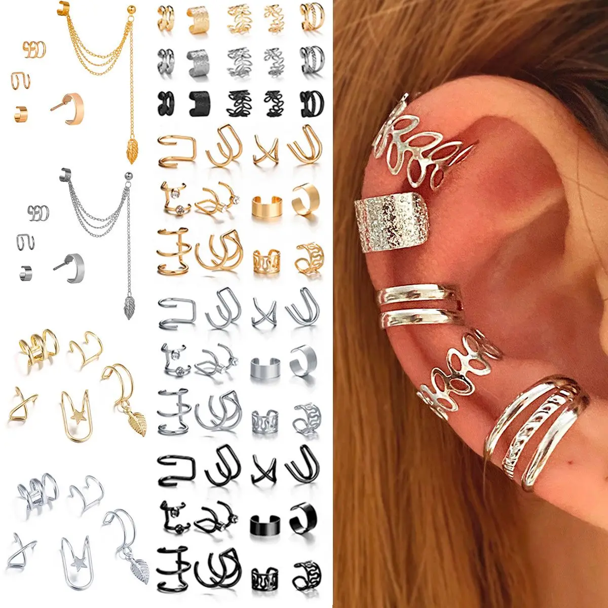 Y2k Silver Color Leaves Clip Earrings for Women Men Creative Simple C Ear Cuff Non-Piercing Ear Ear Clip Set Trend Jewelry Gift