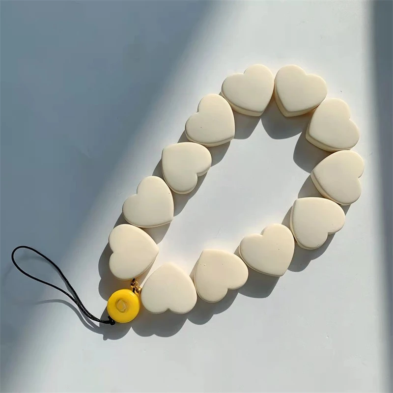 Resin Love Heart Beaded Mobile Phone Anti-lost Lanyard Women's Cellphone Chain Charm Telephone Phone Wrist Strap Pendant Decora