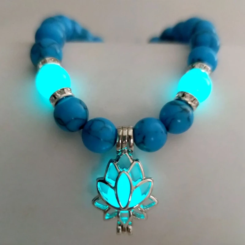 Natural Stone Bracelet Yoga Healing Luminous Glow In The Dark Bracelet Lotus Charm Beads Bracelet for Men Women Prayer Buddhism