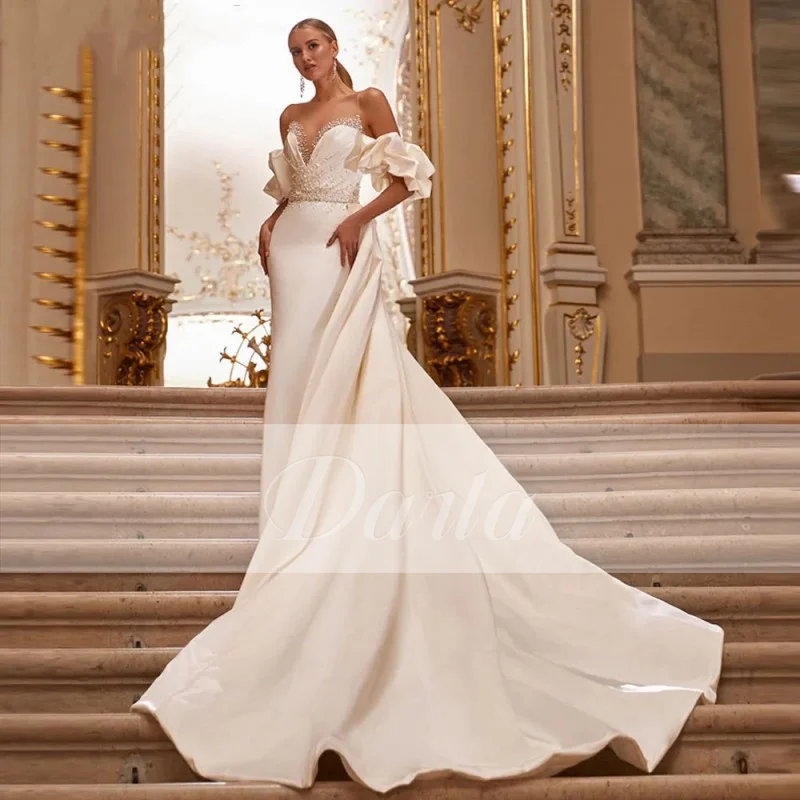 Luxury Ivory Mermaid Wedding Dresses V Neck Half Sleeve Off the Shoulder Bridal Gown Pearls Satin Mariage Bride for Women 2023