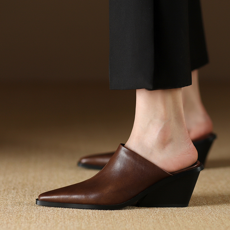 Women Mules Pointed Toe Thick new Heels Real Leather 2025 Cowhide Pumps European Mullers Women Slip On Outwear Wedge Slippers Size 42