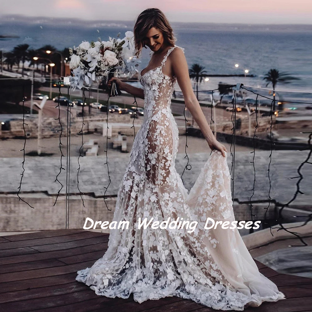 Droom Luxe 3d Kant Appliques Zeemeermin Trouwjurken Sweetheart Spaghettibandjes Rugloze Bruid Jurk Gebloemd Strand Boho Bruids