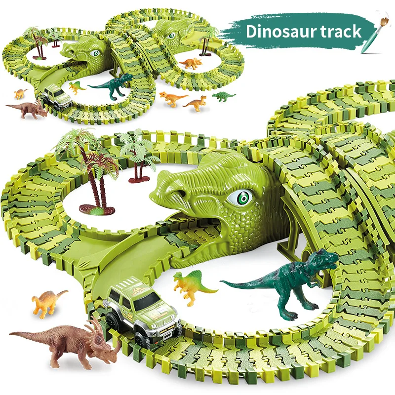 DIY Plastic Racing Track Set Dinosaur Railway Toys Flexible Race Track Electronic Flash Light Car Toys for Children Gifts