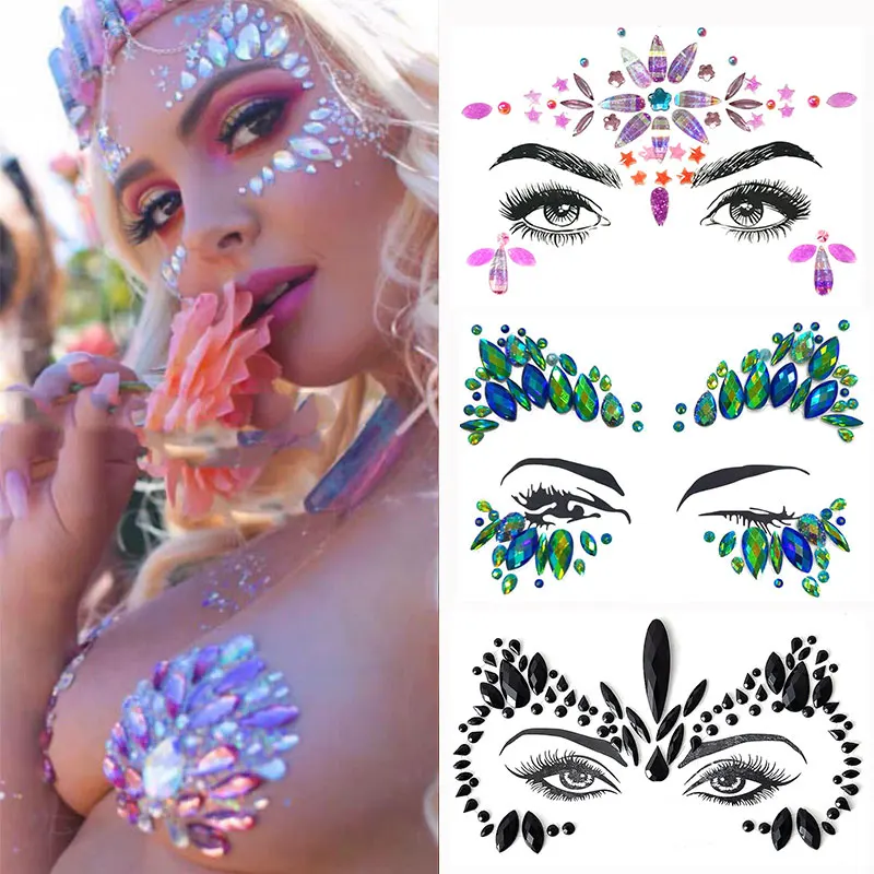 3D Crystal Face Chest Jewels Tattoo Sticker Music Festival Carnival Party Rhinestone Tattoo Halloween Horror Tattoos Decoration