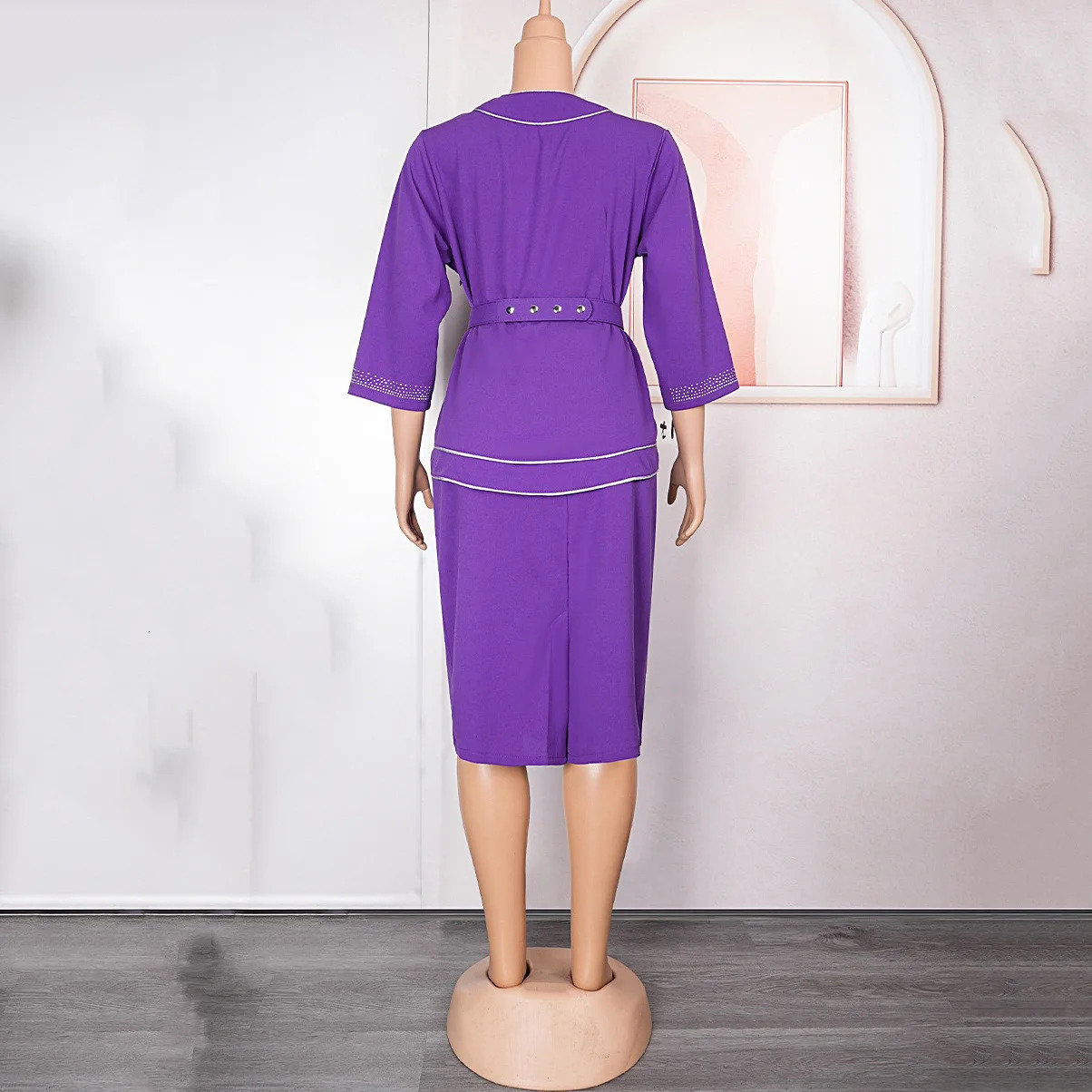 Work Dress for Women Office Elegant V Neck Diamond Three Quarter Sleeve Package Hips Mid Calf Professional Business Dress Midi 240518