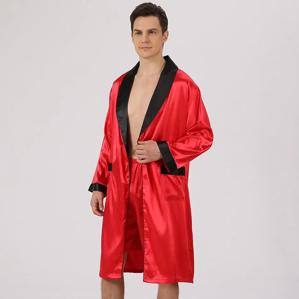 Men Satin Kimono Robe Short Pants Sleep Set Male V-Neck Nightwear Sleepwear Home Dressing Gown Loungewear Pajamas Bathrobe