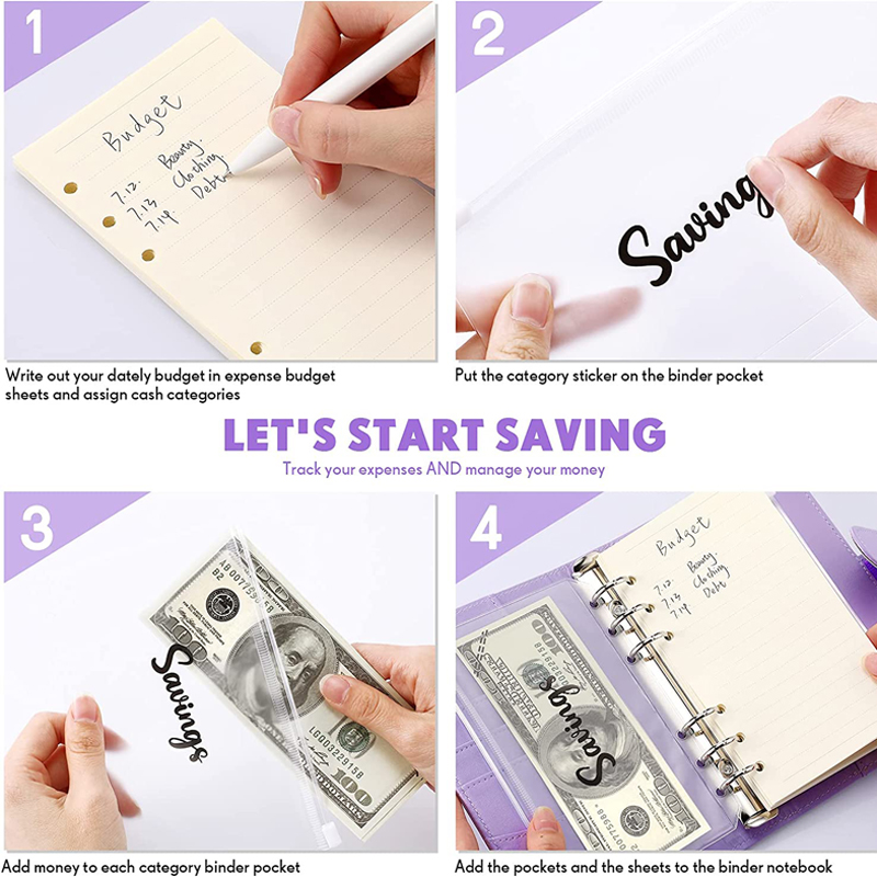 A6 PU Leather Budget Binder Cash Envelopes Planner Organizer, with Zipper Envelopes, Expense Budget Sheets for Financial Saving