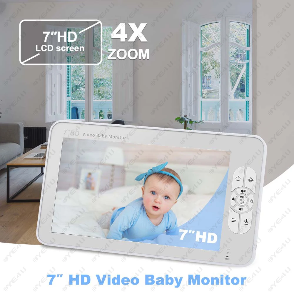 7 Inch Video Baby Monitor Pan Tilt 4X Zoom Camera 2.4G Mother Kids Surveillance Cameras With Temperature Display Screen Split