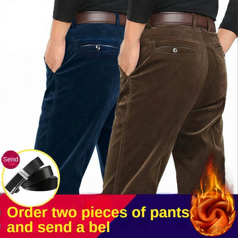 Autumn 2025 Winter Clothing Warm Corduroy Pants Men Fleece Brushed Work Designer Straight Middle Aged Elderly new Veet Trousers