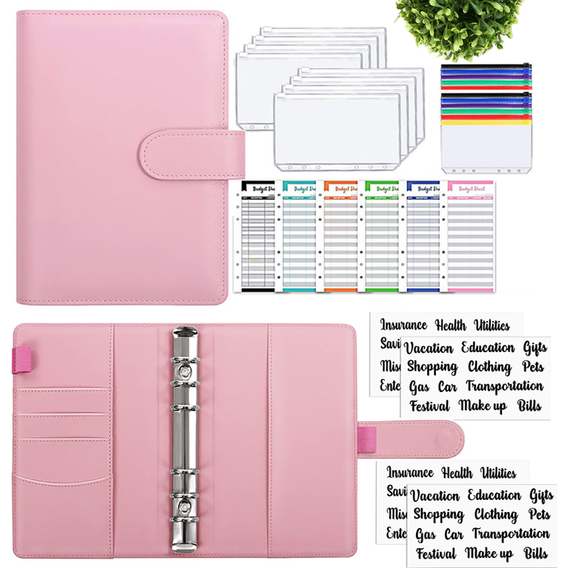 2023 A6 PU Leather Budget Binder Notebook Cash Envelopes System Set With Binder Pockets for Money Saving Bill Organizer Pink