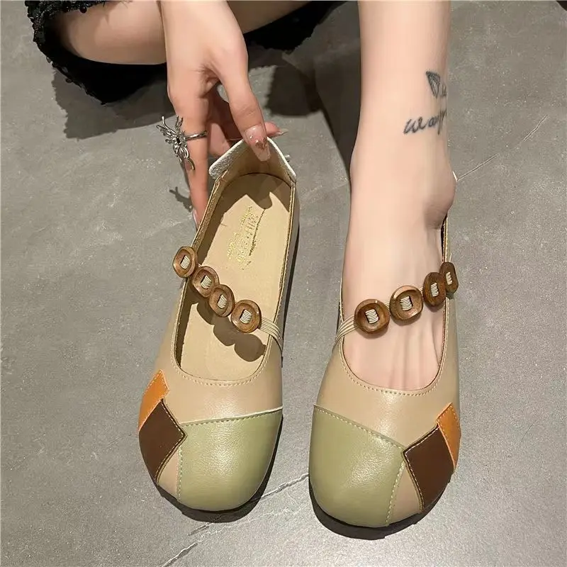 Designer Patchwork Leather Moccasins Mom Flat Vintage Mary Janes Shoes Wide Feet 2025 Hook Loop new Ballt Flats Women Soft Sewing Loafers