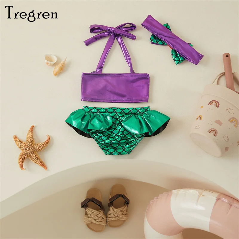 Tregren Toddler Kids new Girl 2025 Mermaid Bikinis Set Summer Beachwear Halter Top Swimwear Swimming Pool Bathing Suit with Headband