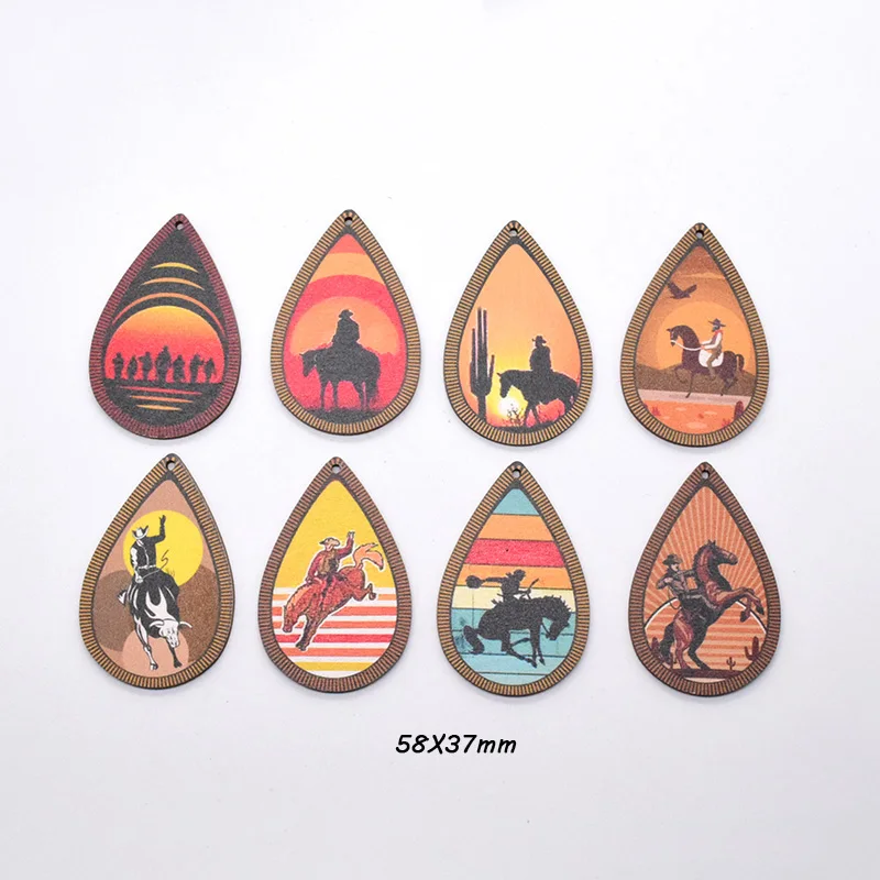 10pcs Sunset Cowboy Vintage Earring Wood Charms Artificial Wood Horse Riding Art Pendant For Eardrop Keychain Diy Jewelry Make