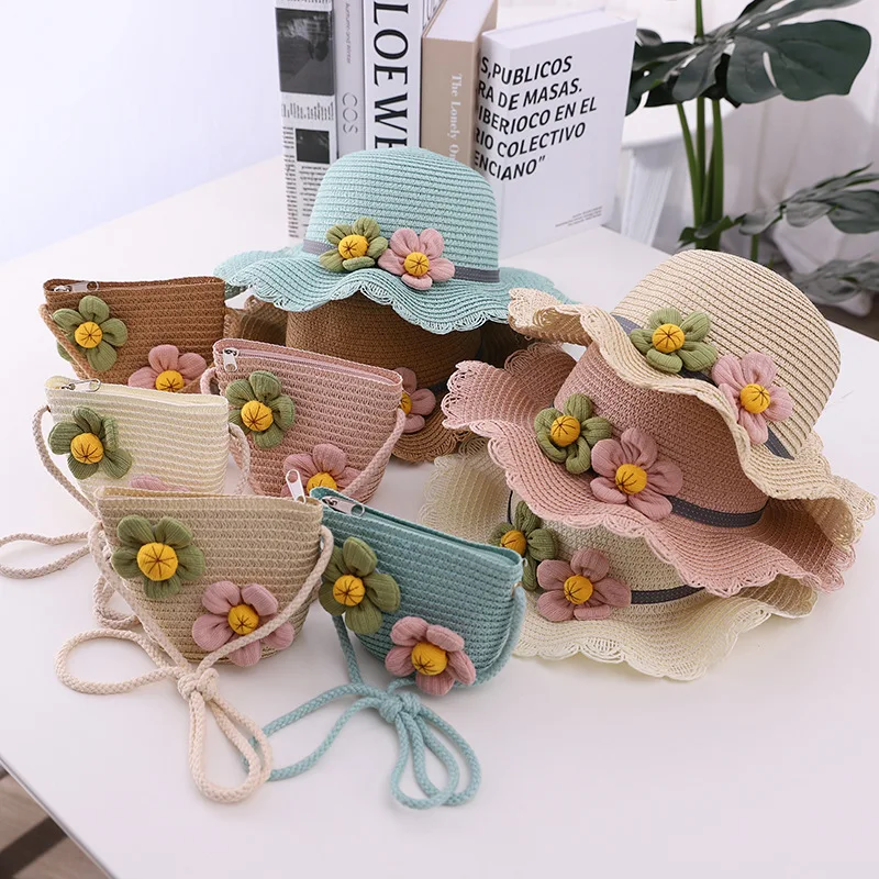 Summer Girls Baby Straw Hat Shoulder 2025 Bag Set Cute Floral Sun new Bucket Hat Tote Bags 2pcs/Set Baby Travel Beach Sunshade Hat Gorros
