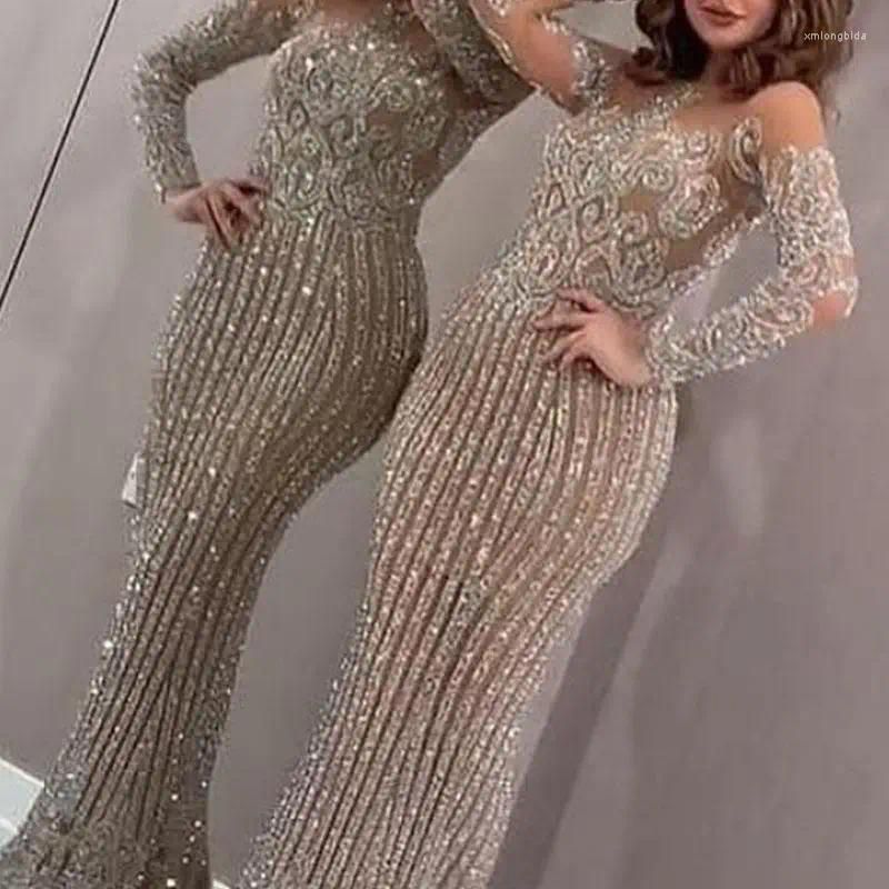 Basic Casual Dresses 2023 Woman Vintage Formal Dress Y O-Neck Sequins Gowns Hollow Long Sleeve Applique Elegant Mermaid Clubwear Eveni Dhocn
