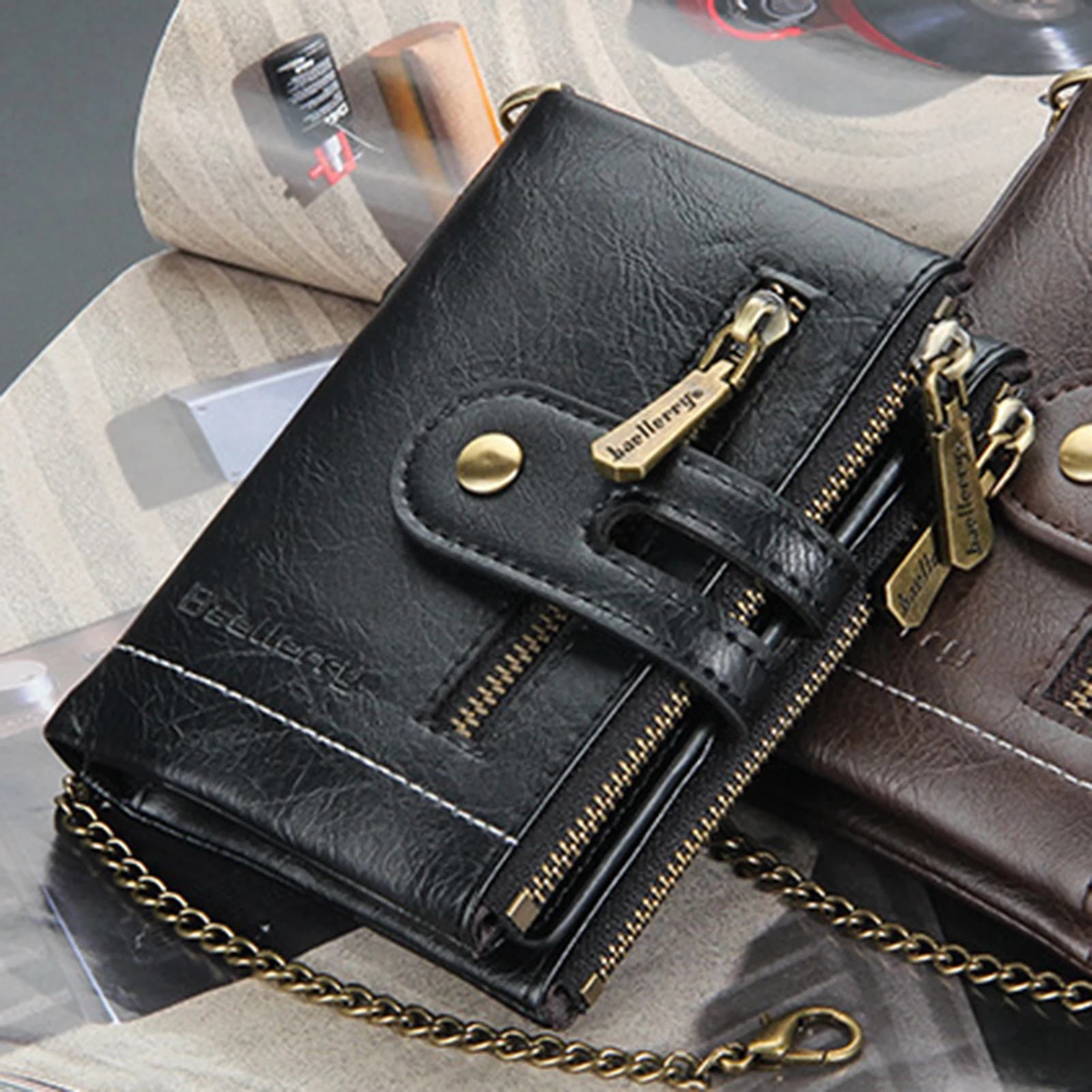 Portable Wallet Leather new Men 2025 Wallet Multi-card Holder Genuine Leather Wallet Large Capacity Vintage Purse Men with Chain