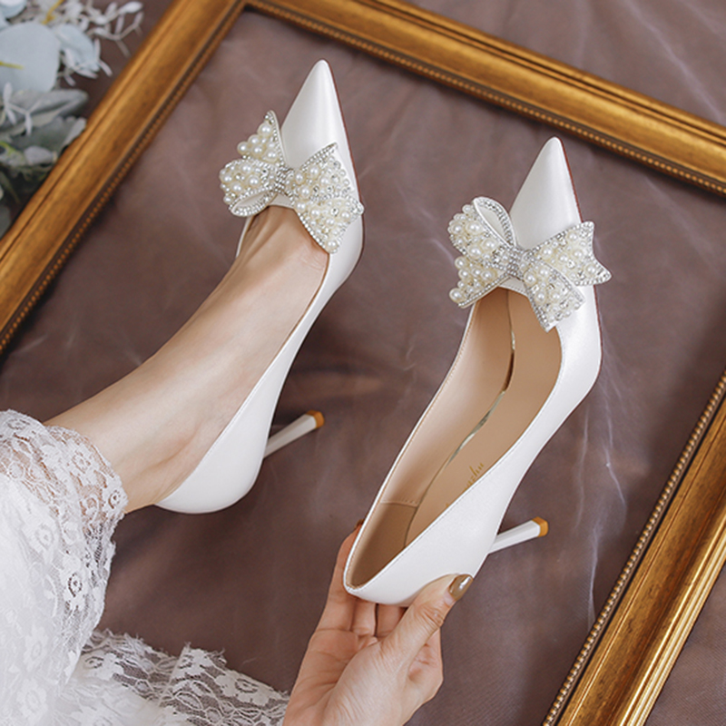 Rimocy Luxury Pearl Bowknot Wedding Pumps Women Sexy Stiletto Heels Party Shoes Woman Silk Pointed Toe Rhonestone Pumps Ladies