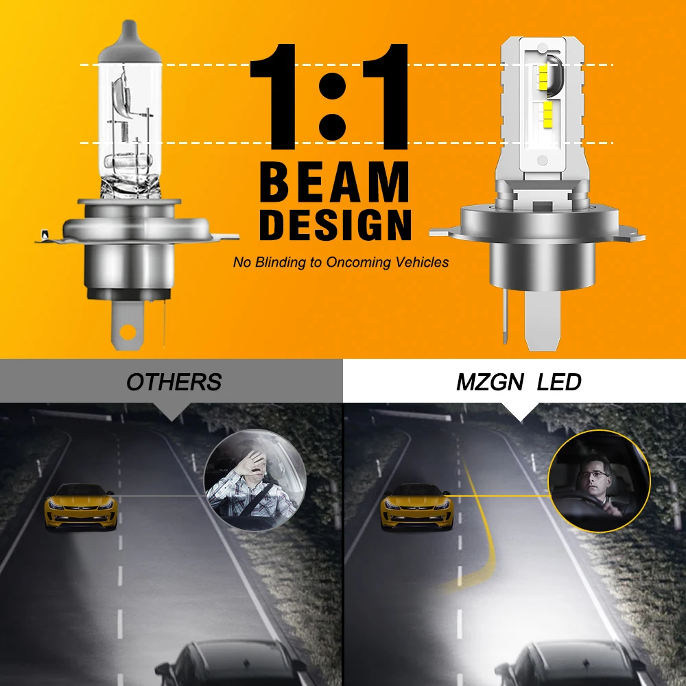 MZGN 2Pcs H4 Led 2025 Headlight Bulb 18000lm Super Bright Halogen Size for 9003 Car Headlamp 12 new Pcs CSP 7035 Led Chips 6000K White