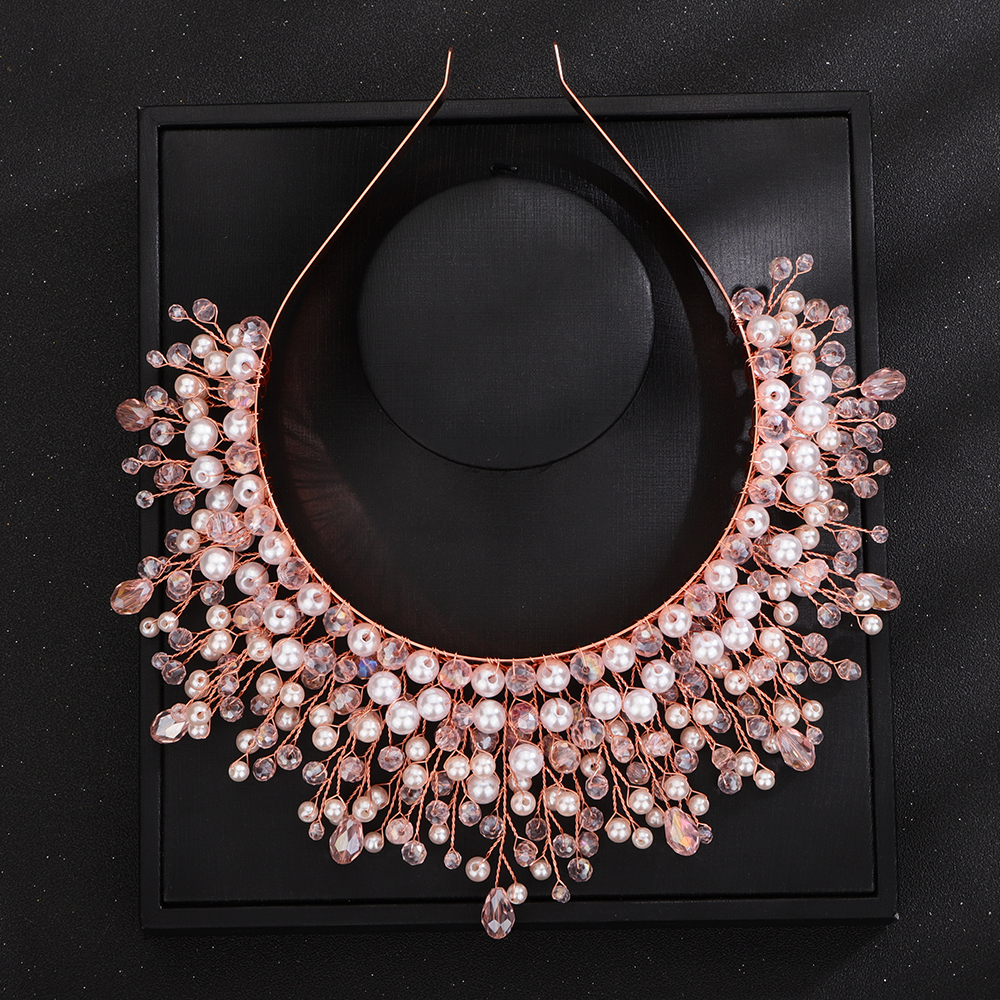 Crystal Pearl Bridal Headband Crown Women Ornaments Handmade Pink Wedding Hair Accessories Jewelry Party Bride Headpiece Tiaras