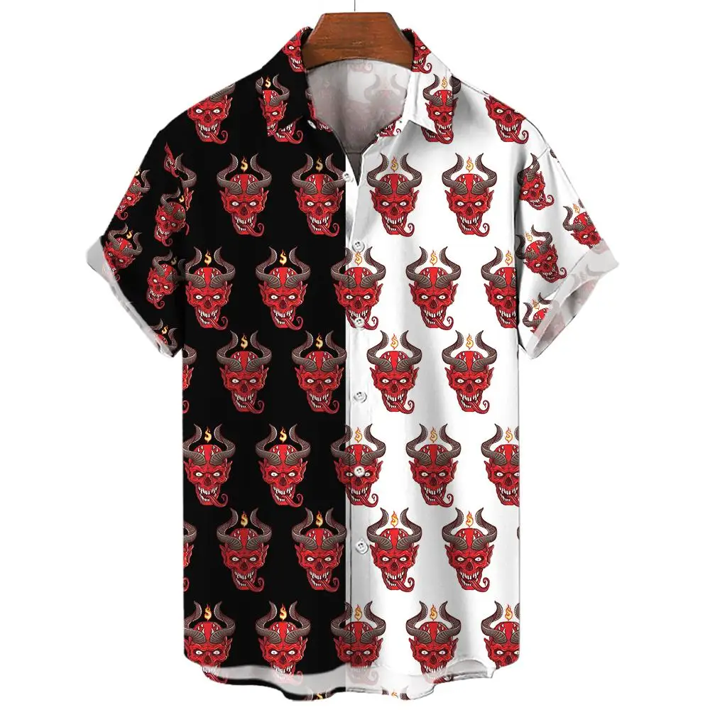 Devil Pattern Men's Shirts Oversized Shirt Loose Causal Double Patchwork Red new Imp Party Festival Camisas 2025 Original Men's Shirts