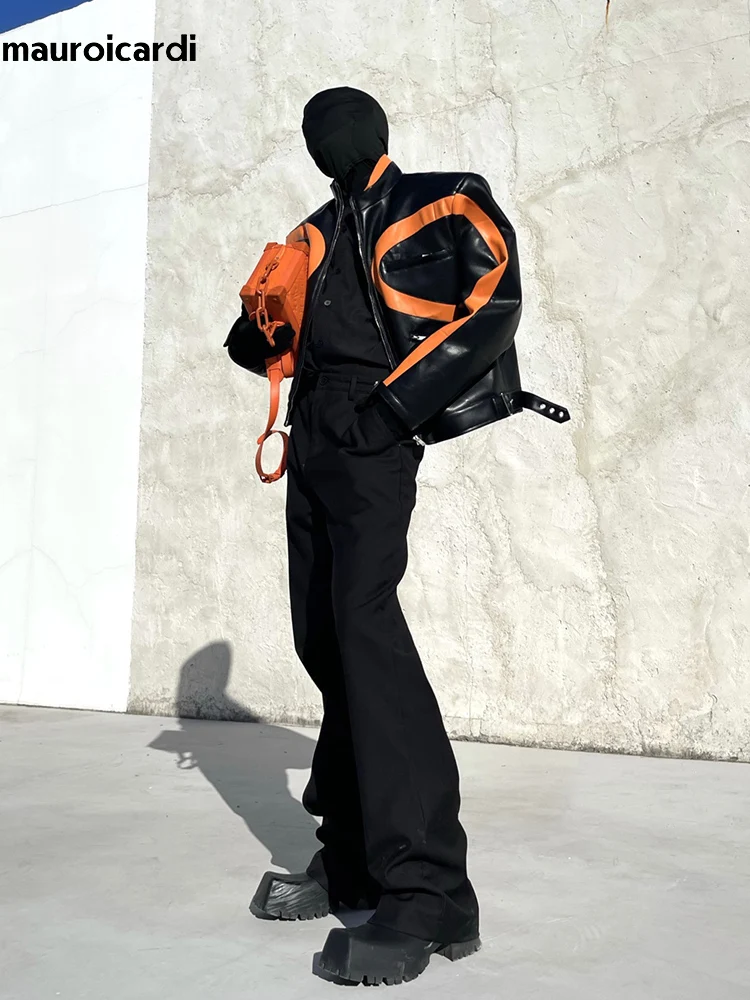 Mauroicardi Spring Autumn Cool Loose Orange and Black Color Block Faux Leather Jacket Men Luxury Designer Zip Up Clothes 2023