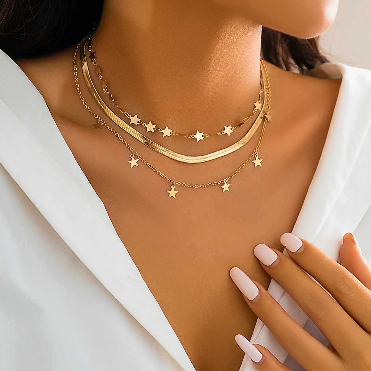 3pcs/set Sexy Flat Blade Snake Choker Necklace for Women Vintage Gold Color Star Tassels Clavicle Chain Necklace Jewelry